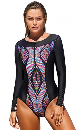 Retro Print Long Sleeve One-Piece Swimsuit