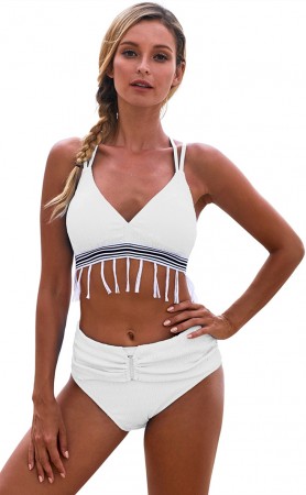 Sexy Solid Color Fringed High-Waisted Beach Bikini