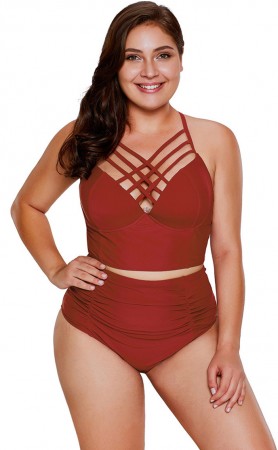 Plus Size Solid Color Sexy High-Waisted Halter Bikini