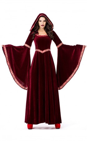 Halloween Costume Printing Retro Court Hooded Dress 