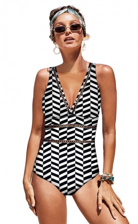 Black And White Plaid One-Piece Halter Sexy Bikini