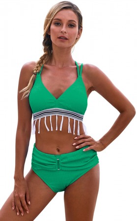 Sexy Bikini Solid Color Fringed High-Waisted Beach Swimsuit