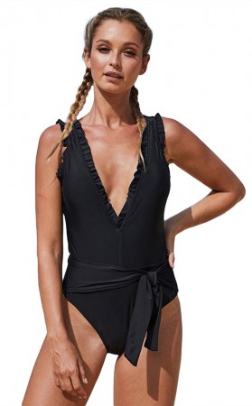 Sexy Solid Color V Neck Bikini Triangle Style One-Piece Swimsuit