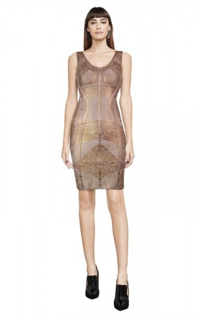 Herve Leger Zinnia Geometric Spliced Grain Foil Dress