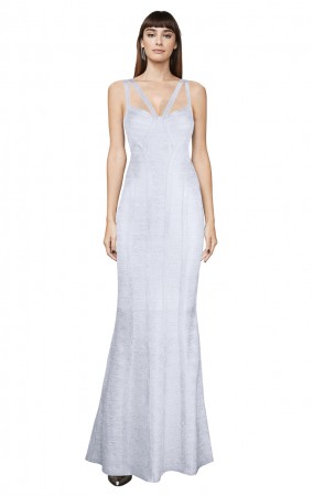 Herve Leger Bandage Dress Long Gown Foil Silver Yoke Strap