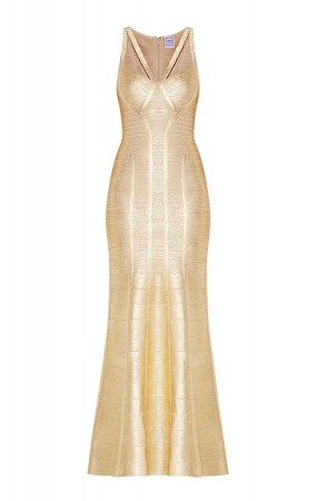 Herve Leger Bandage Dress Long Gown Foil Gold Yoke Strap