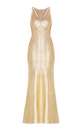 Herve Leger Bandage Dress Long Gown Foil Gold Yoke Strap