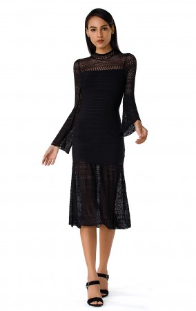 Herve Leger Bandage Dress Long Sleeve Lace Black