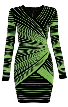 Herve Leger Bandage Dress Long Sleeve V Neck Stripped Green