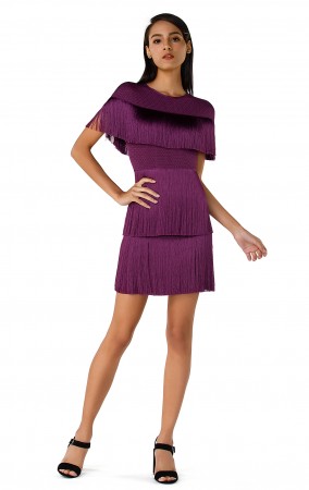 Herve Leger Bandage Dress O Neck Tassels Purple