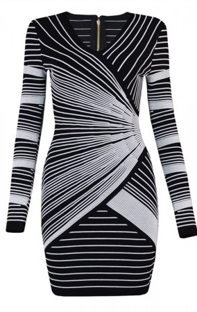 Herve Leger Bandage Dress Long Sleeve V Neck Stripped Black