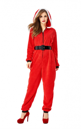 Fancy Party Homewear Adult Coral Velvet Christmas Jumpsuit Costume