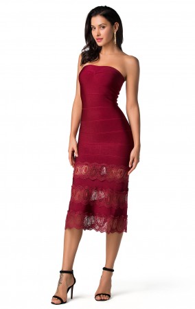 Herve Leger Bandage Dress Long Gown Strapless Lace Burgandy