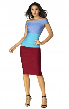 Herve Leger Bandage Dress Off Shoulder Colorblock Blue Red