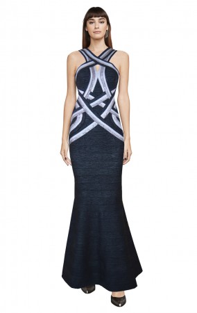 Herve Leger Bandage Dress Long Halter Neck Metallic Black