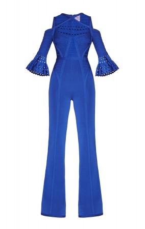 Herve Leger Vivica Royal Blue Bandage Wide Leg Jumpsuit