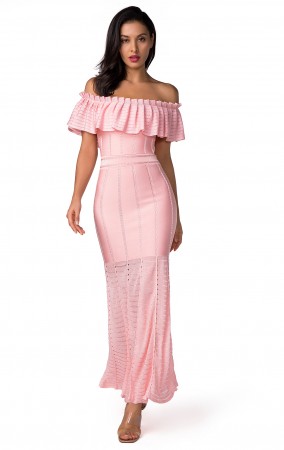 Herve Leger Bandage Dress Long Gown Off Shoulder Ruffled Pink