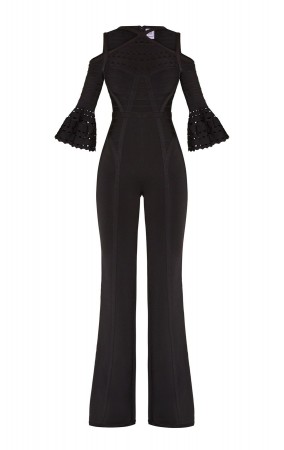 Herve Leger Vivica Black Bandage Wide Leg Jumpsuit
