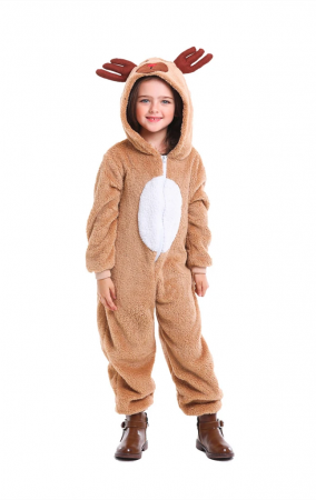 Christmas Elk Homewear Kids Coral Velvet Jumpsuit Costume