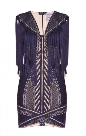 Herve Leger Renata Pointelle Crochet Fringe Dress 