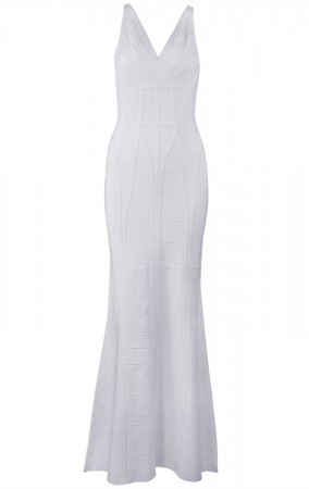 Herve Leger Bandage Dress Long Gown V Neck White