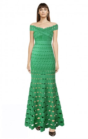  Herve Leger Bandage Dress Long Gown Off Shoulder Crisscross Green