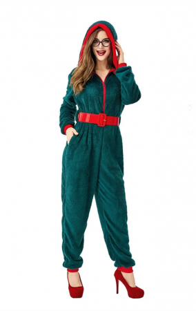 Fancy Party Homewear Adult Coral Velvet Christmas Jumpsuit Costume