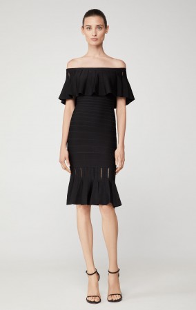 Herve Leger Eyelet Stripe Pleated Dress 