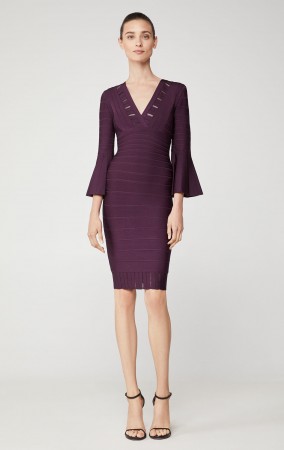 Herve Leger Eyelet Stripe Pleated Sheath Dress