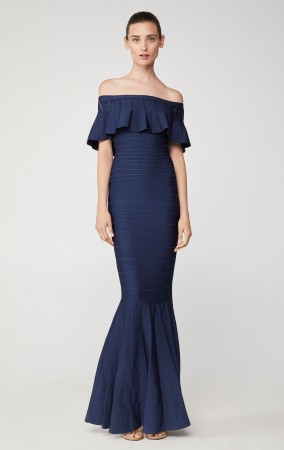 Herve Leger Eyelet Stripe Pleated Gown