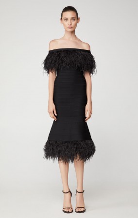 Herve Leger Ostrich Feather-Trimmed Bandage Dress