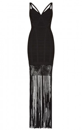 Herve Leger Black Nadia Lattice Draped Fringe Dress