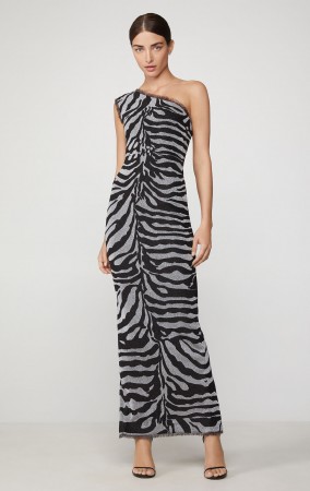 Herve Leger Metallic One Shoulder Zebra Gown