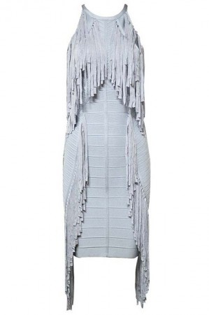 Herve Leger Halter Draped-Fringe Bandage Dress 