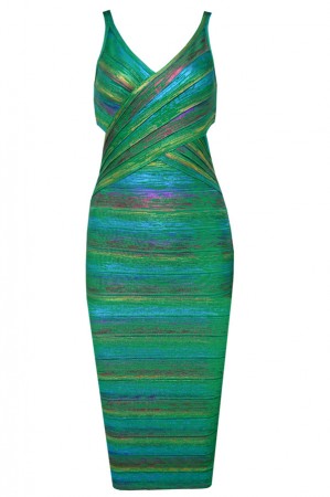  Herve Leger Foil Metallic Bandage Dresses Green V Neck Crisscross Backless