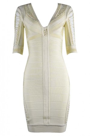 Herve Leger Bandage Dresses V Neck Half Sleeve Beige