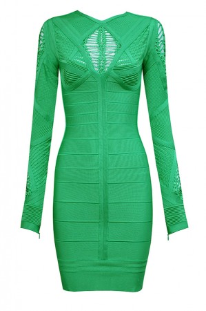 Cheap Herve Leger Bandage Dresses Long Sleeve Net Green