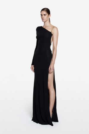 herve leger black one-shoulder long-sleeve bandage dress