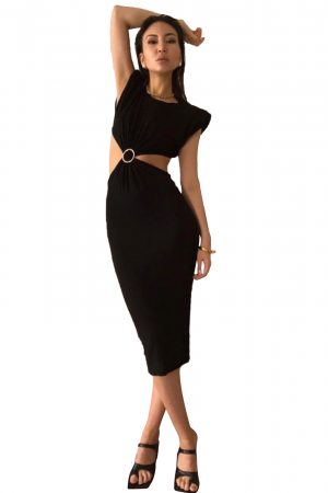 Black Sleeveless O-Neck Waist Hollow Dress