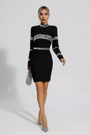 Black Diamond Embellished Long Sleeve Mini Dress