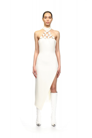White Flower Embellished Bandage Midi Dress