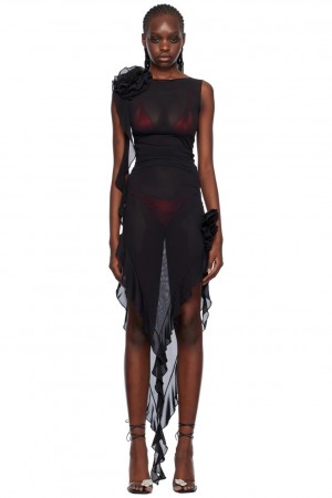 Sexy Asymmetrical Shoulder Floral Sheer Black Dress