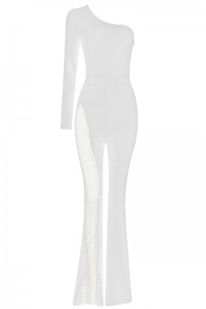 White Women's One Shoulder Long Sleeve Sexy Hollow Bandage Jumpsuit