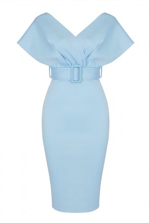 Simple Off Shoulder V-Neck Sky Blue Bandage Dress