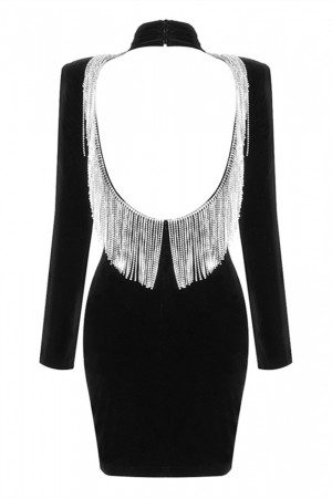 Backless Rhinestone Fringe Long Sleeve High Neck Velvet Black Mini Dress