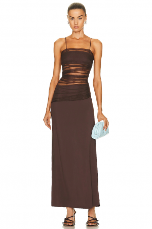 Elegant Brown Mesh Panel Maxi Spaghetti Strap Dress