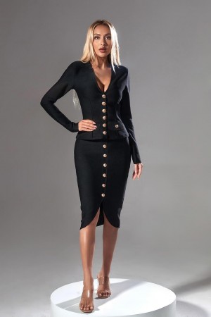 Black Deep V Jacket Bandage Long Sleeve Pencil Skirt