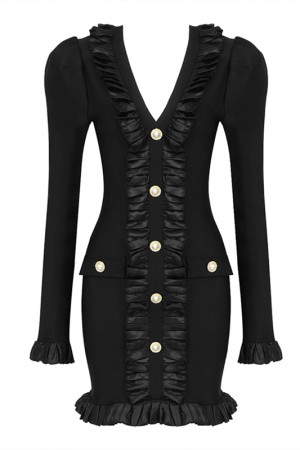 Black V-Neck Long Sleeve Button Ruffled Mini Bandage Dress