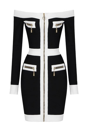 Black Long Sleeve Off Shoulder Zipper Bandage Dress