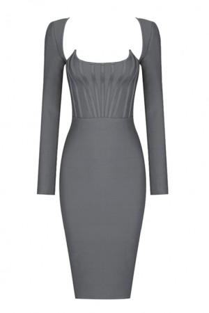 Grey-Black Long-Sleeved Skinny Sexy Dress